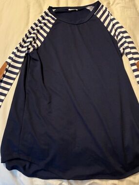 Chic Soul Navy White Striped Boutique Top Tee Elbow Patches Womens XL